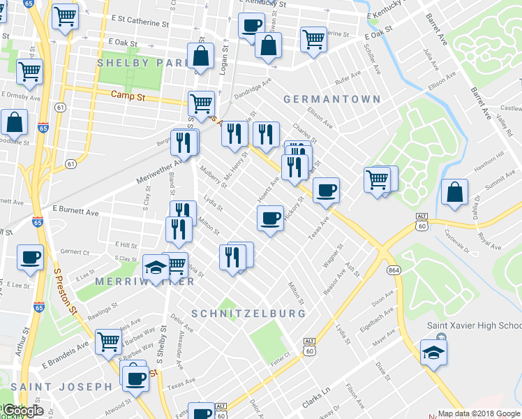map of restaurants, bars, coffee shops, grocery stores, and more near 1025 Mulberry Street in Louisville