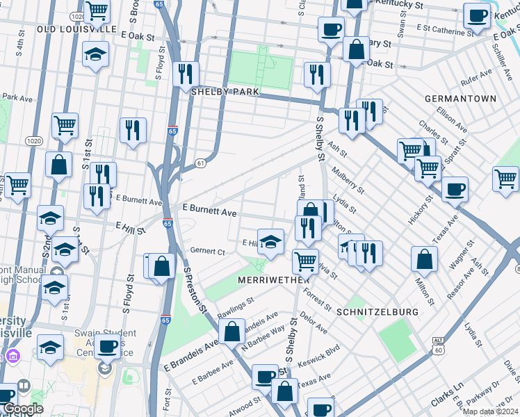 map of restaurants, bars, coffee shops, grocery stores, and more near 615 East Burnett Avenue in Louisville