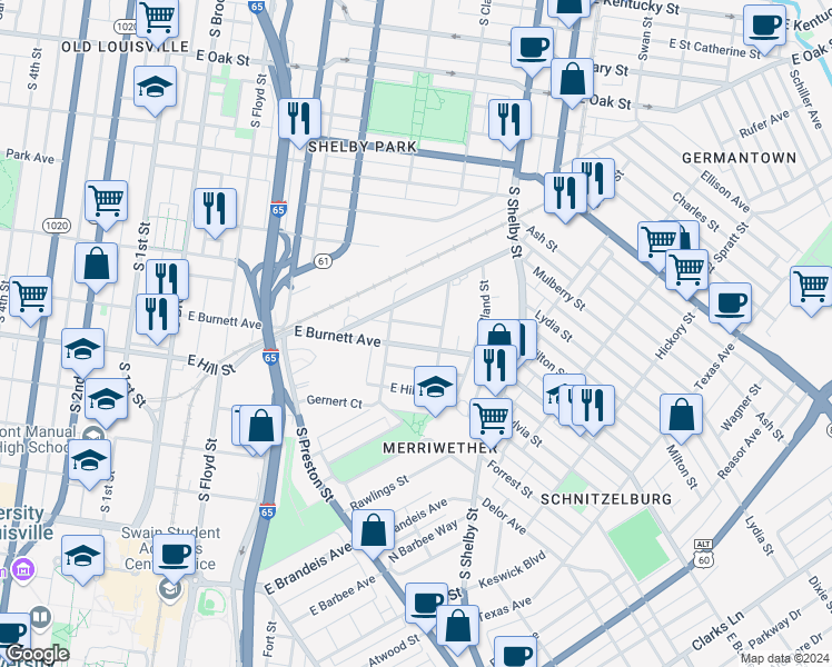 map of restaurants, bars, coffee shops, grocery stores, and more near 615 East Burnett Avenue in Louisville