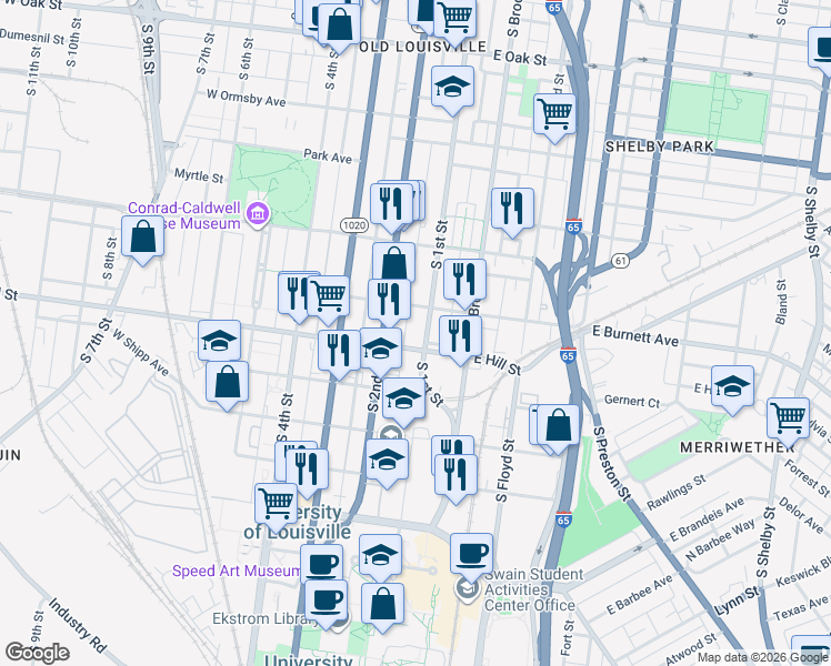 map of restaurants, bars, coffee shops, grocery stores, and more near 1471 South 2nd Street in Louisville