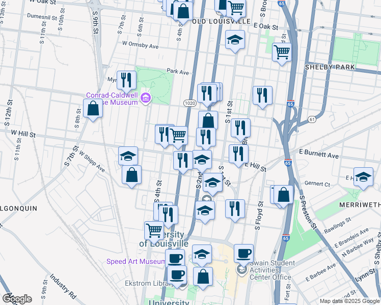 map of restaurants, bars, coffee shops, grocery stores, and more near 217 West Hill Street in Louisville