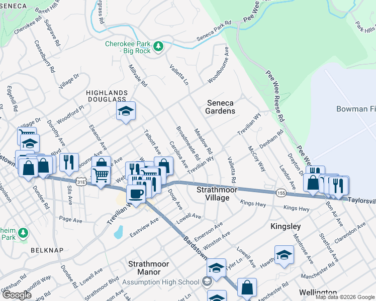 map of restaurants, bars, coffee shops, grocery stores, and more near 2504 Broadmeade Road in Louisville
