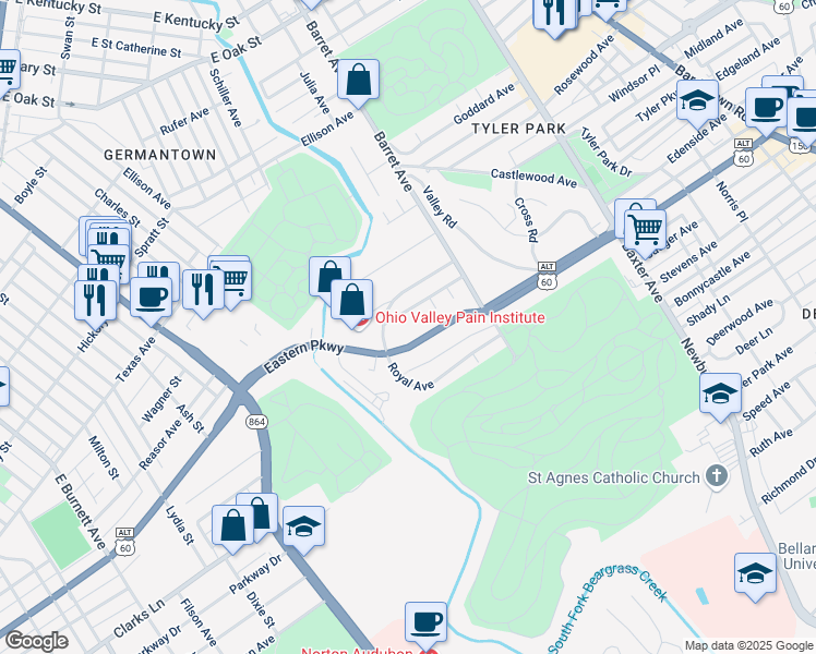 map of restaurants, bars, coffee shops, grocery stores, and more near 1229 Eastern Parkway in Louisville