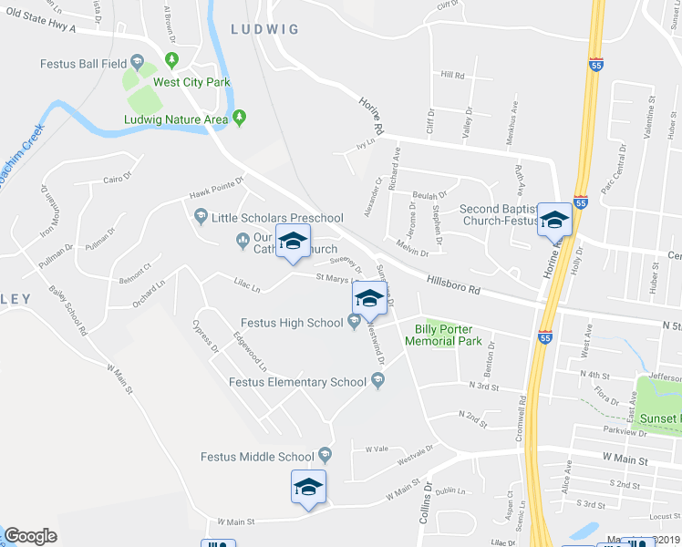 map of restaurants, bars, coffee shops, grocery stores, and more near 1516 Sweeney Drive in Festus