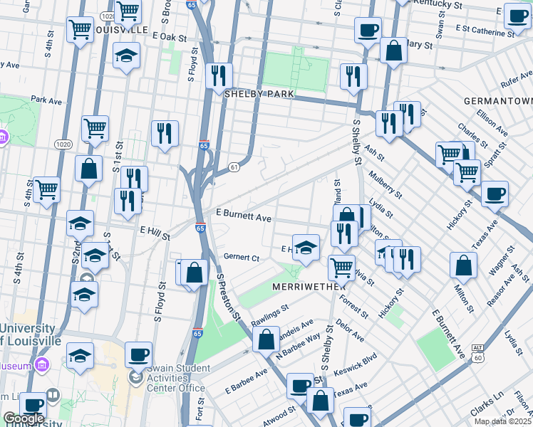 map of restaurants, bars, coffee shops, grocery stores, and more near 529 East Burnett Avenue in Louisville