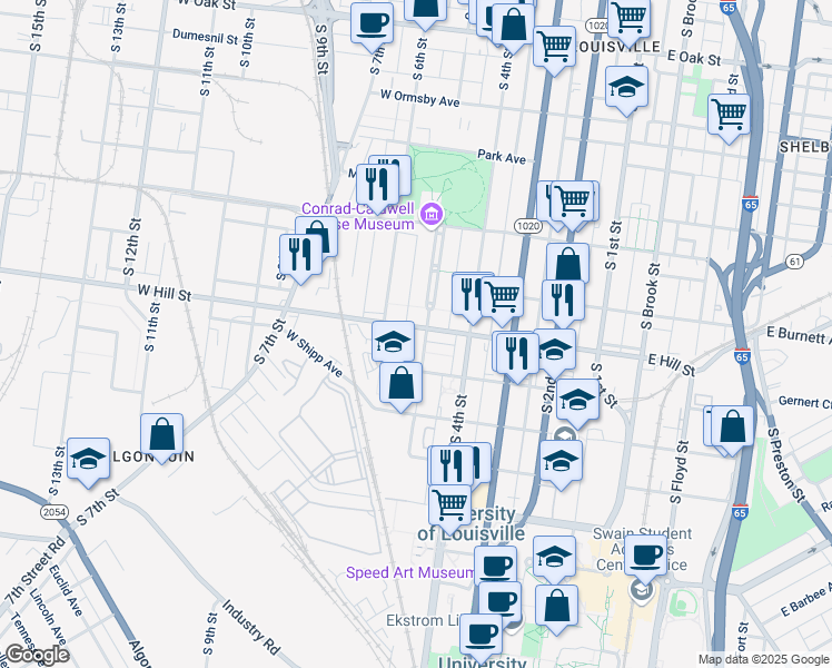 map of restaurants, bars, coffee shops, grocery stores, and more near 510 West Hill Street in Louisville