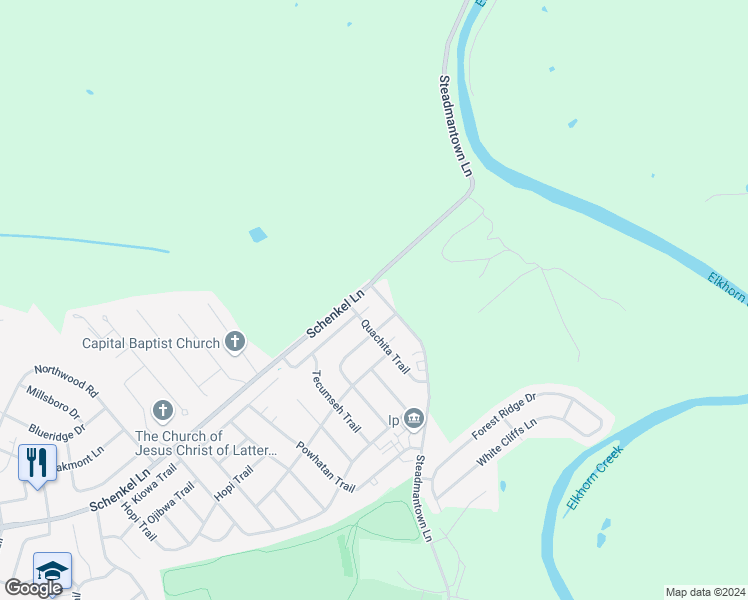 map of restaurants, bars, coffee shops, grocery stores, and more near 1607 Steadmantown Lane in Frankfort