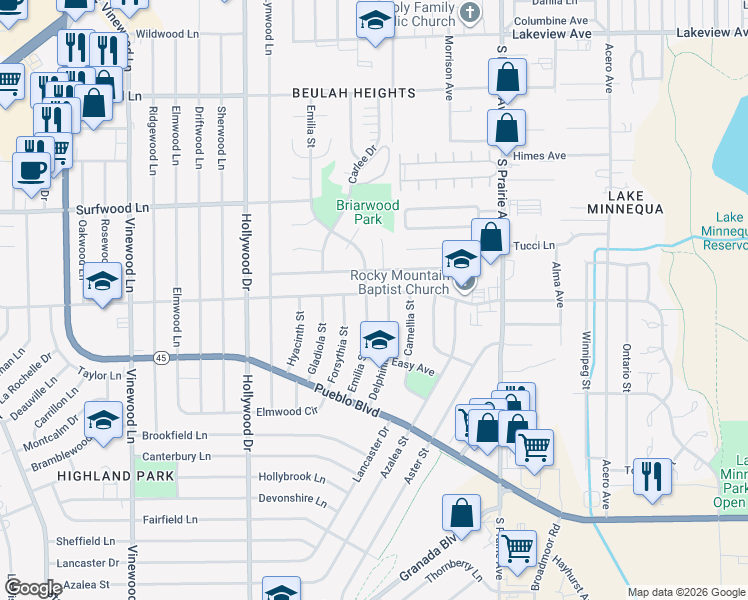 map of restaurants, bars, coffee shops, grocery stores, and more near 2500 Emilia Street in Pueblo