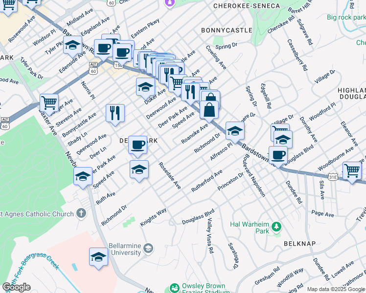 map of restaurants, bars, coffee shops, grocery stores, and more near 1916 Roanoke Avenue in Louisville