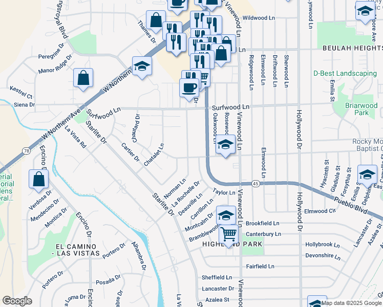 map of restaurants, bars, coffee shops, grocery stores, and more near 4013 O Neal Avenue in Pueblo