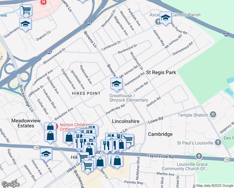 map of restaurants, bars, coffee shops, grocery stores, and more near 2700 Browns Lane in Louisville