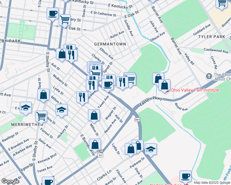 map of restaurants, bars, coffee shops, grocery stores, and more near 1209 Goss Avenue in Louisville