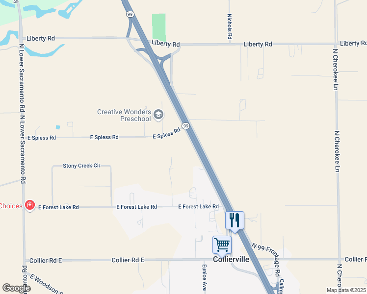 map of restaurants, bars, coffee shops, grocery stores, and more near 3364 East Spiess Road in Acampo