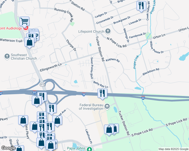 map of restaurants, bars, coffee shops, grocery stores, and more near 1010 Tucker Station Road in Louisville