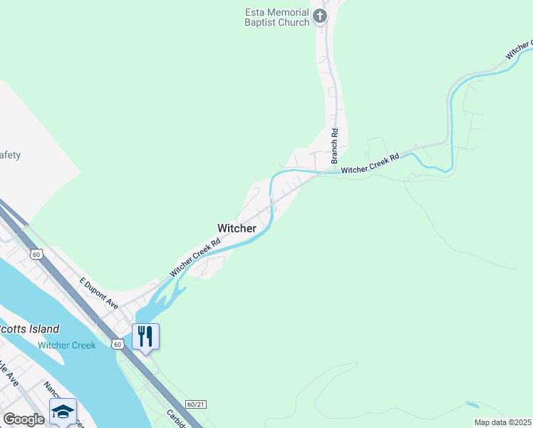 map of restaurants, bars, coffee shops, grocery stores, and more near 100 Witcher Creek Rd in Belle