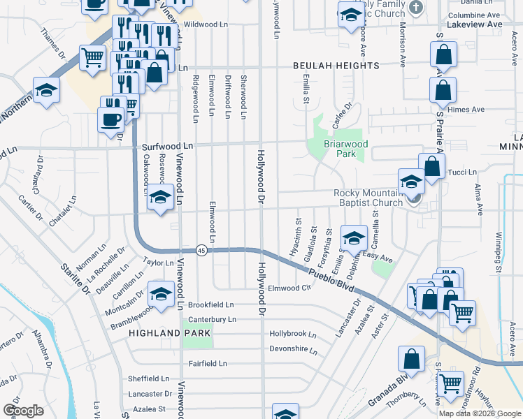 map of restaurants, bars, coffee shops, grocery stores, and more near 3736 O'neal Avenue in Pueblo
