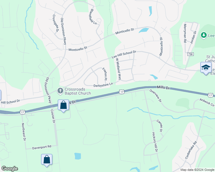 map of restaurants, bars, coffee shops, grocery stores, and more near 4010 Derbyshire Lane in Fredericksburg