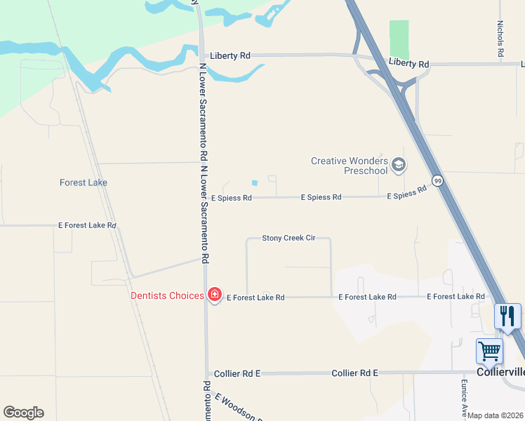map of restaurants, bars, coffee shops, grocery stores, and more near 2536 East Spiess Road in Acampo