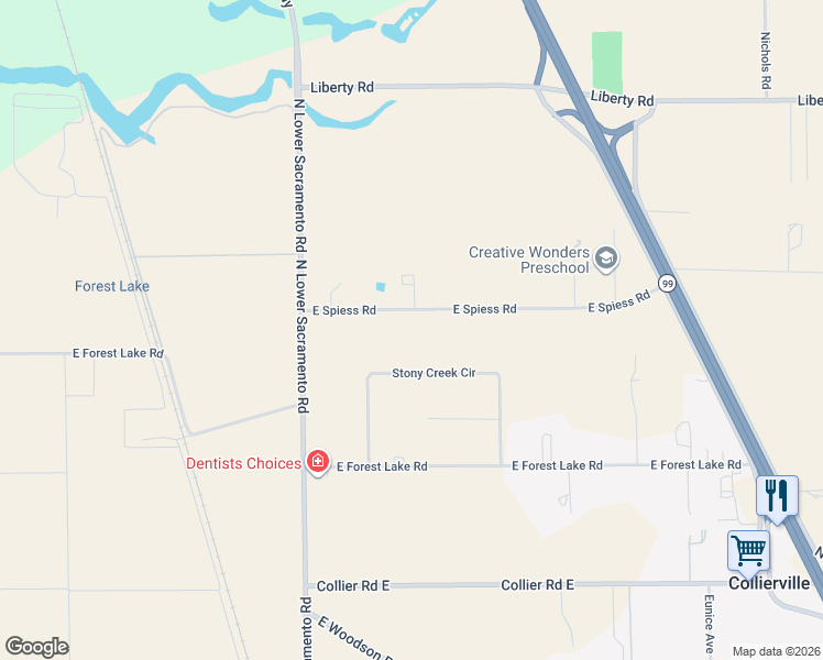 map of restaurants, bars, coffee shops, grocery stores, and more near 2536 East Spiess Road in Acampo