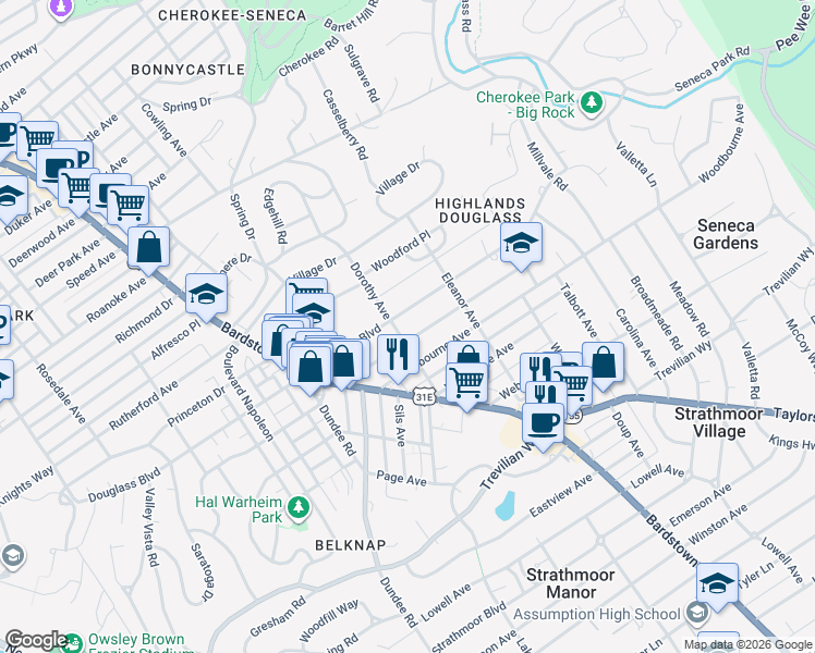 map of restaurants, bars, coffee shops, grocery stores, and more near 2100 Douglass Boulevard in Louisville