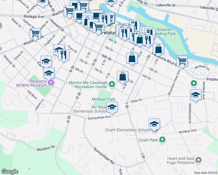 map of restaurants, bars, coffee shops, grocery stores, and more near 416 8th Street in Petaluma