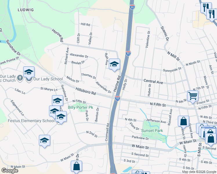 map of restaurants, bars, coffee shops, grocery stores, and more near 1113 Alexander Dr in Festus