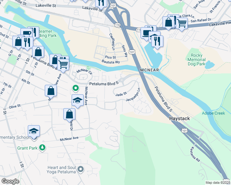 map of restaurants, bars, coffee shops, grocery stores, and more near 537 Jade Street in Petaluma
