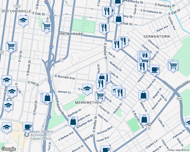map of restaurants, bars, coffee shops, grocery stores, and more near 1458 South Shelby Street in Louisville