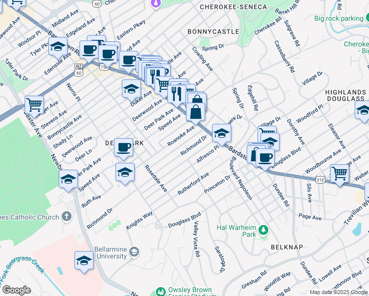 map of restaurants, bars, coffee shops, grocery stores, and more near 1939 Richmond Drive in Louisville