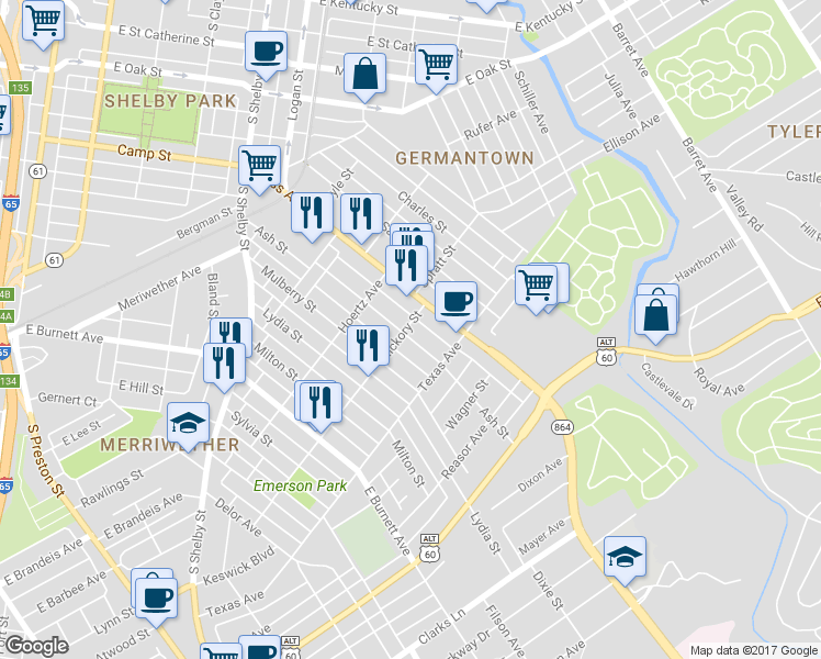 map of restaurants, bars, coffee shops, grocery stores, and more near 1101 Ash Street in Louisville