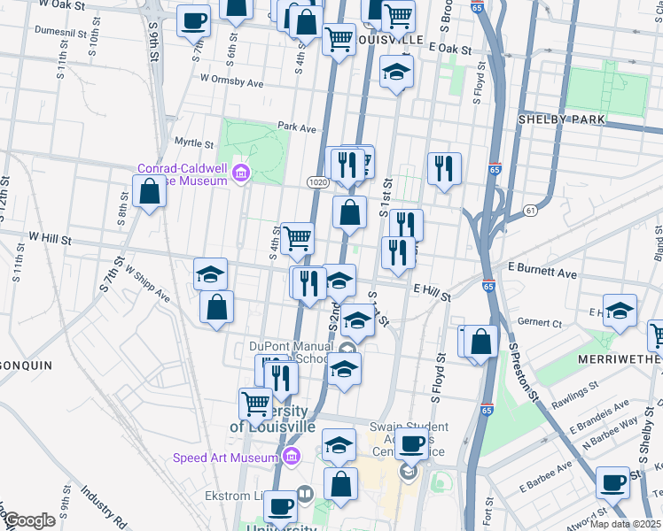 map of restaurants, bars, coffee shops, grocery stores, and more near 217 West Hill Street in Louisville
