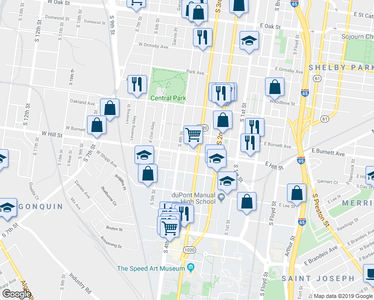map of restaurants, bars, coffee shops, grocery stores, and more near 315 West Hill Street in Louisville