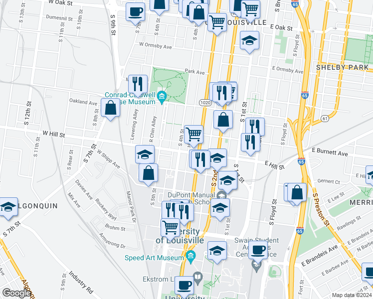 map of restaurants, bars, coffee shops, grocery stores, and more near 315 West Hill Street in Louisville