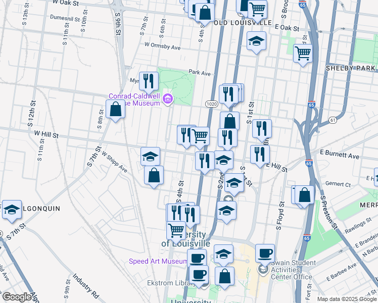 map of restaurants, bars, coffee shops, grocery stores, and more near 315 West Hill Street in Louisville