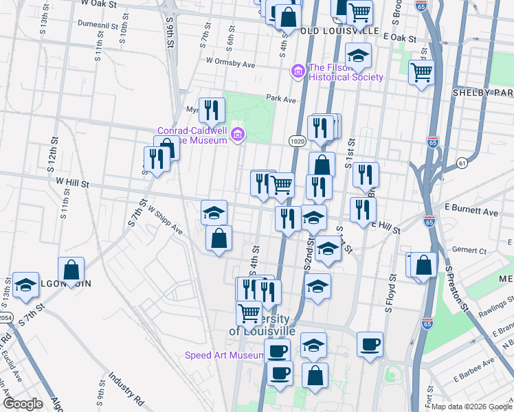 map of restaurants, bars, coffee shops, grocery stores, and more near 410 West Hill Street in Louisville