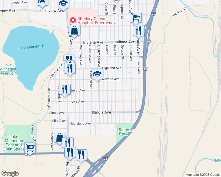 map of restaurants, bars, coffee shops, grocery stores, and more near 711 Joliet Avenue in Pueblo