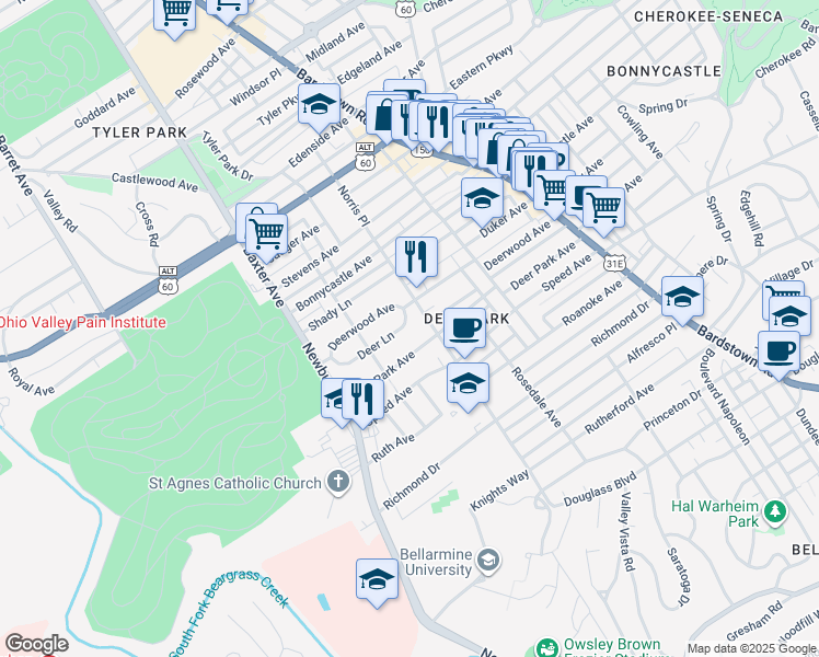 map of restaurants, bars, coffee shops, grocery stores, and more near 1738 Deer Lane in Louisville