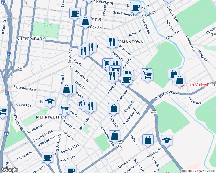 map of restaurants, bars, coffee shops, grocery stores, and more near 1028 Ash Street in Louisville