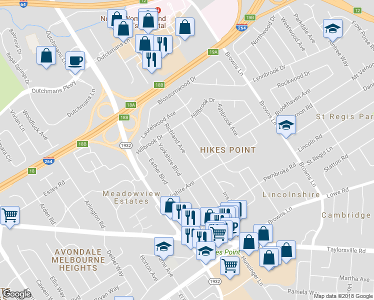 map of restaurants, bars, coffee shops, grocery stores, and more near 2817 Richland Avenue in Louisville