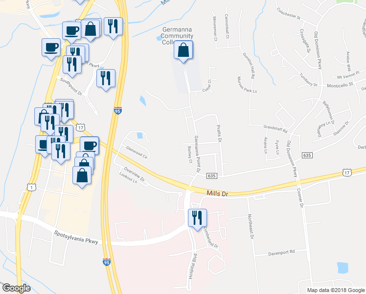 map of restaurants, bars, coffee shops, grocery stores, and more near 4710 Colonnade Way in Fredericksburg