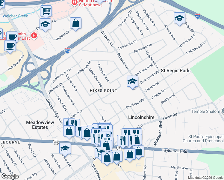 map of restaurants, bars, coffee shops, grocery stores, and more near 4125 Berkshire Avenue in Louisville