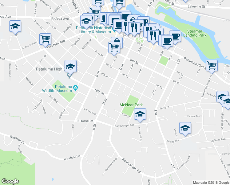map of restaurants, bars, coffee shops, grocery stores, and more near 15 Brown Court in Petaluma