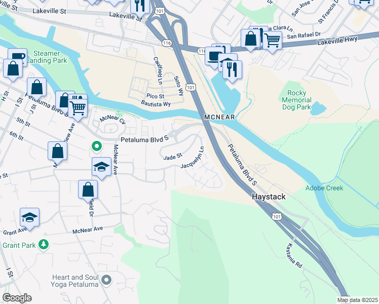 map of restaurants, bars, coffee shops, grocery stores, and more near 329 Jacquelyn Lane in Petaluma