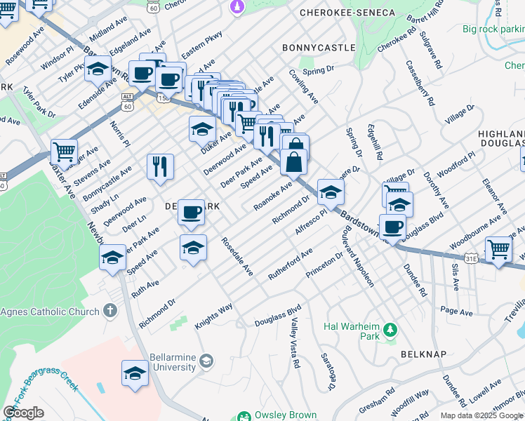 map of restaurants, bars, coffee shops, grocery stores, and more near 1916 Roanoke Avenue in Louisville