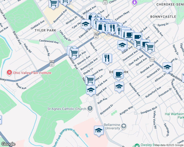 map of restaurants, bars, coffee shops, grocery stores, and more near 1613 Deerwood Avenue in Louisville