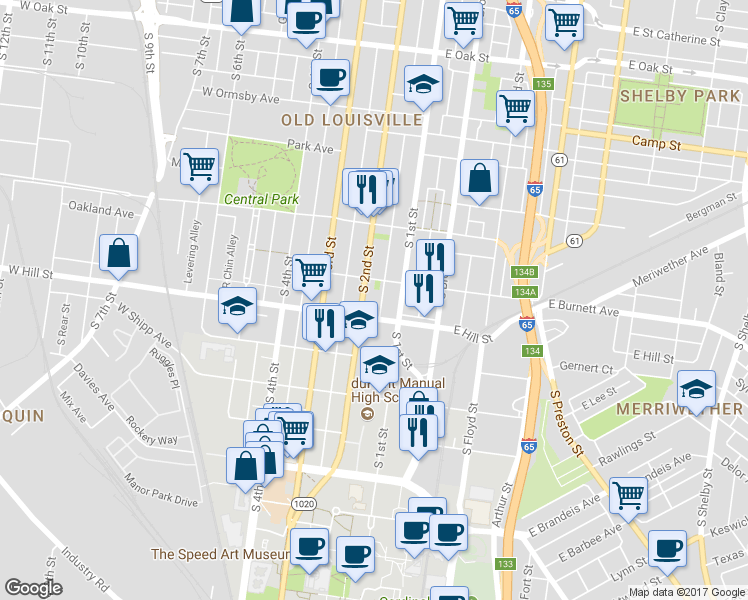 map of restaurants, bars, coffee shops, grocery stores, and more near 1471 South 2nd Street in Louisville