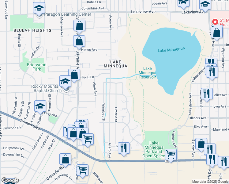 map of restaurants, bars, coffee shops, grocery stores, and more near 2423 Ontario Street in Pueblo