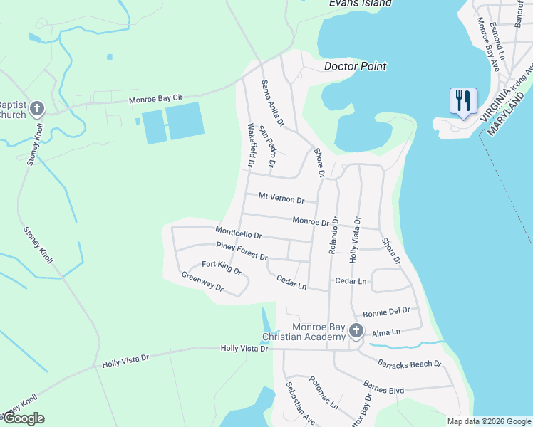 map of restaurants, bars, coffee shops, grocery stores, and more near 400 Monroe Point Drive in Colonial Beach