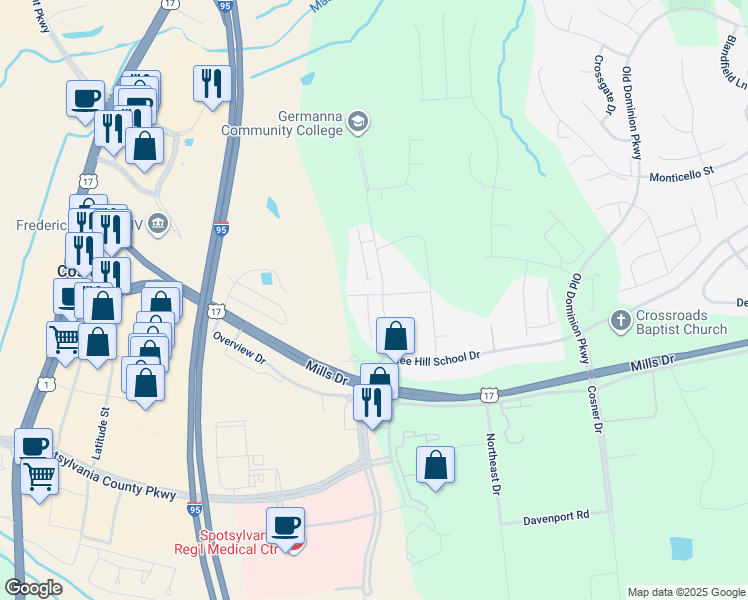 map of restaurants, bars, coffee shops, grocery stores, and more near 9843 Bartley Court in Fredericksburg