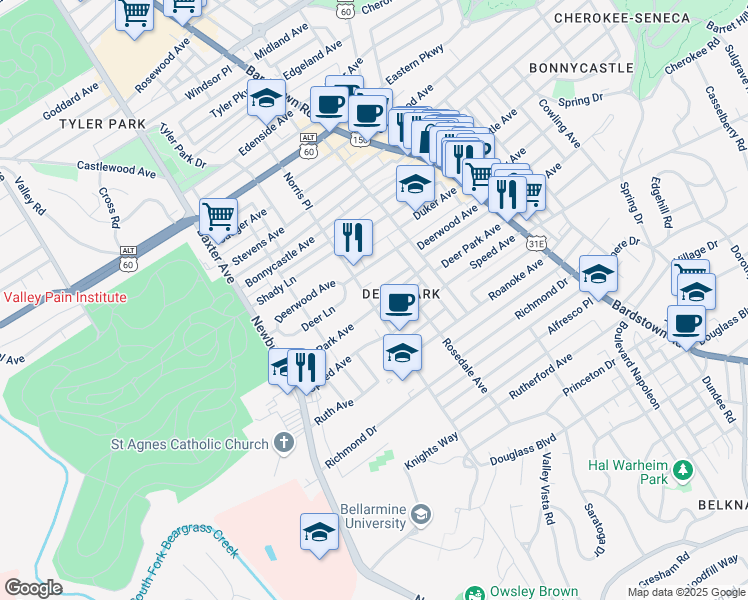 map of restaurants, bars, coffee shops, grocery stores, and more near in Louisville